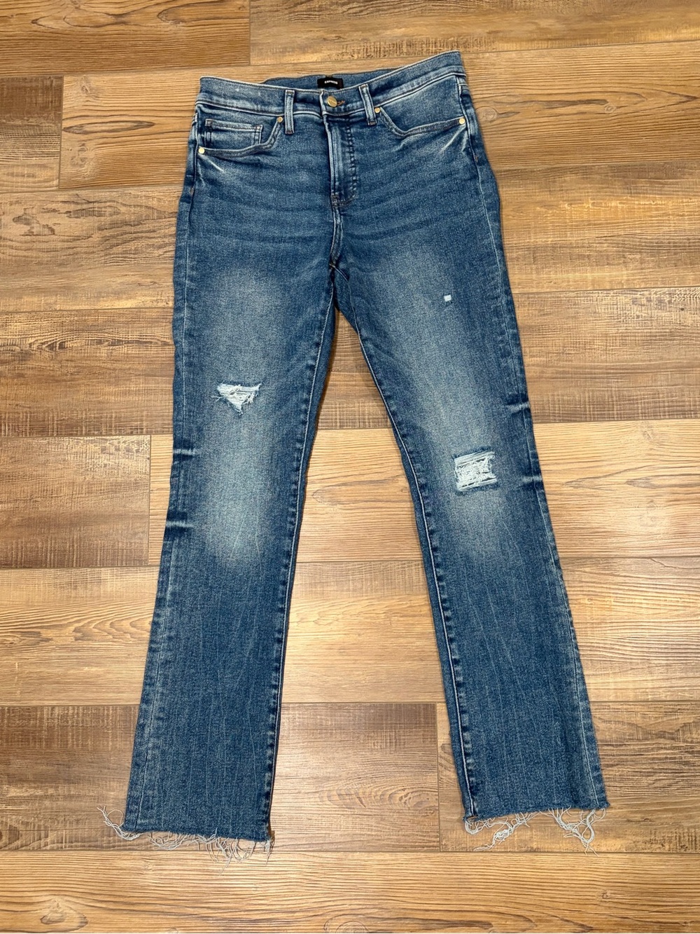 Express Skyscraper mid-rise Women’s Boot Cut Jeans - Medium Blue Distressed 10L